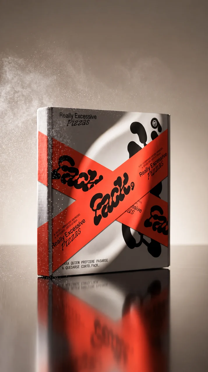 Caja de pizza Fack con la identidad amarilla y negra