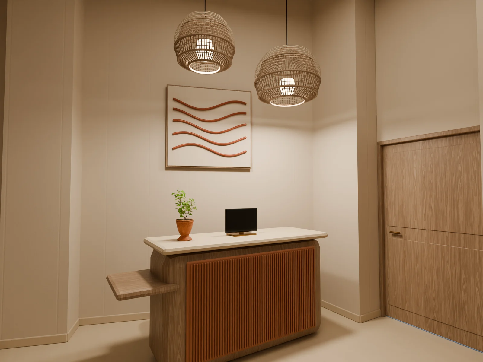 Diseño de la recepción con madera, materiales cálidos y luminarias suspendidas